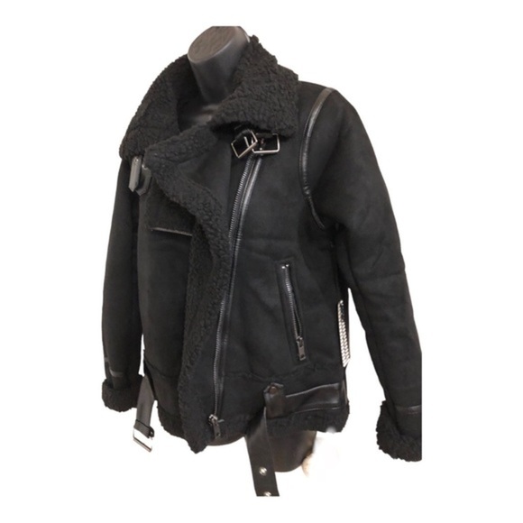 Black moto bomber buckled faux shearling biker jacket coat size small new - Picture 2 of 16